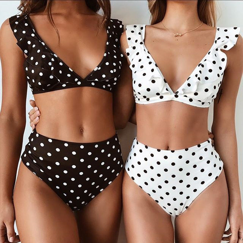 2pcs Black And White Polka Dot Print Swimsuit Ruffled Deep V-neck Bikini Set Summer Beach Womens Clothing