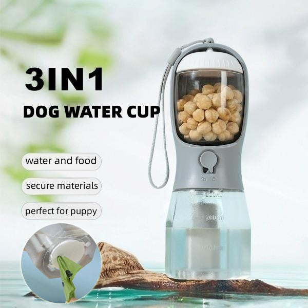 3-in-1 Portable Dog Water Cup – Dispenser for Drinking, Food & Waste Bags