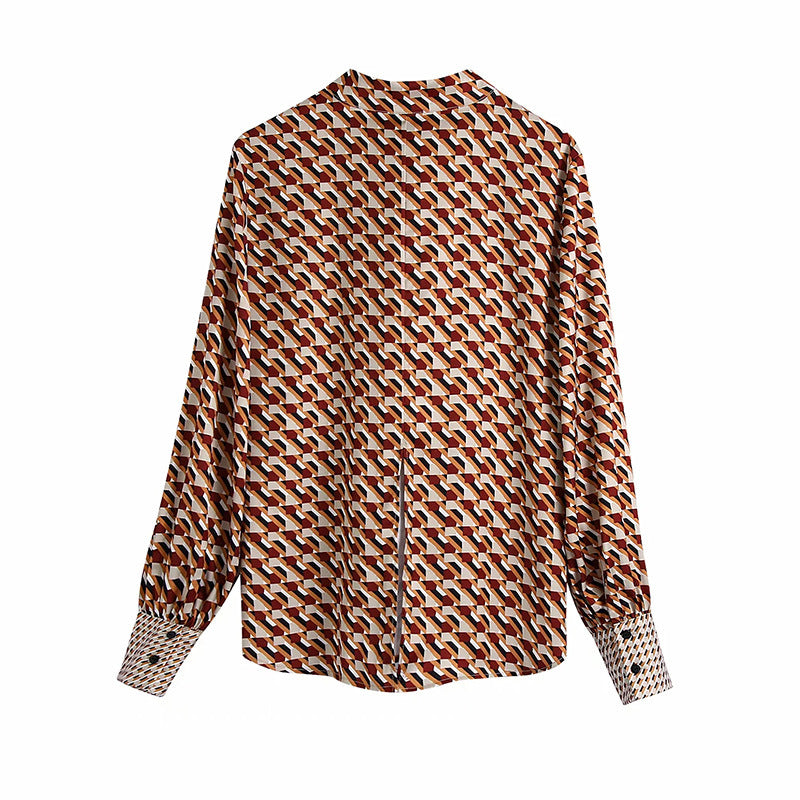 Women's Geometric Pattern Printed Long-sleeved Loose-fitting Shirt