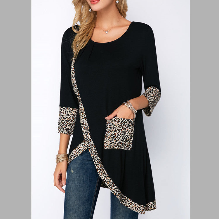 Round Neck Leopard Print Trim Sleeve Lining