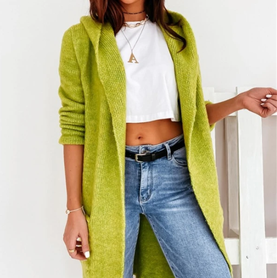 Pocket hooded knitted cardigan jacket