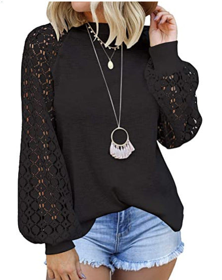 Round Neck Long Sleeve Lace Stitching Top Women