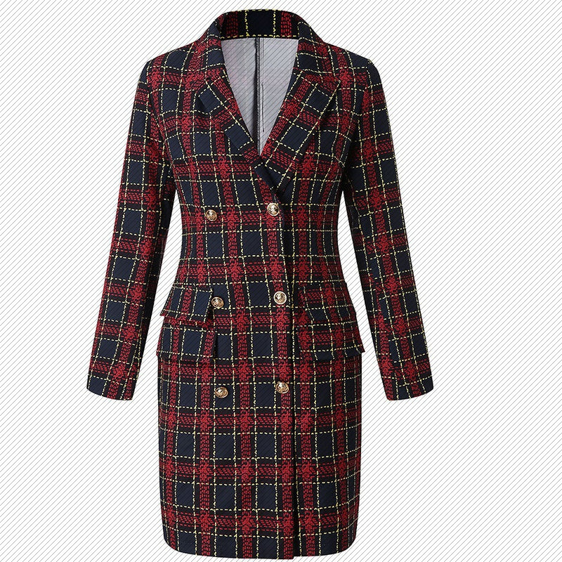 Fall Tailored Coat Women Office Ladies Plaid Red Slim