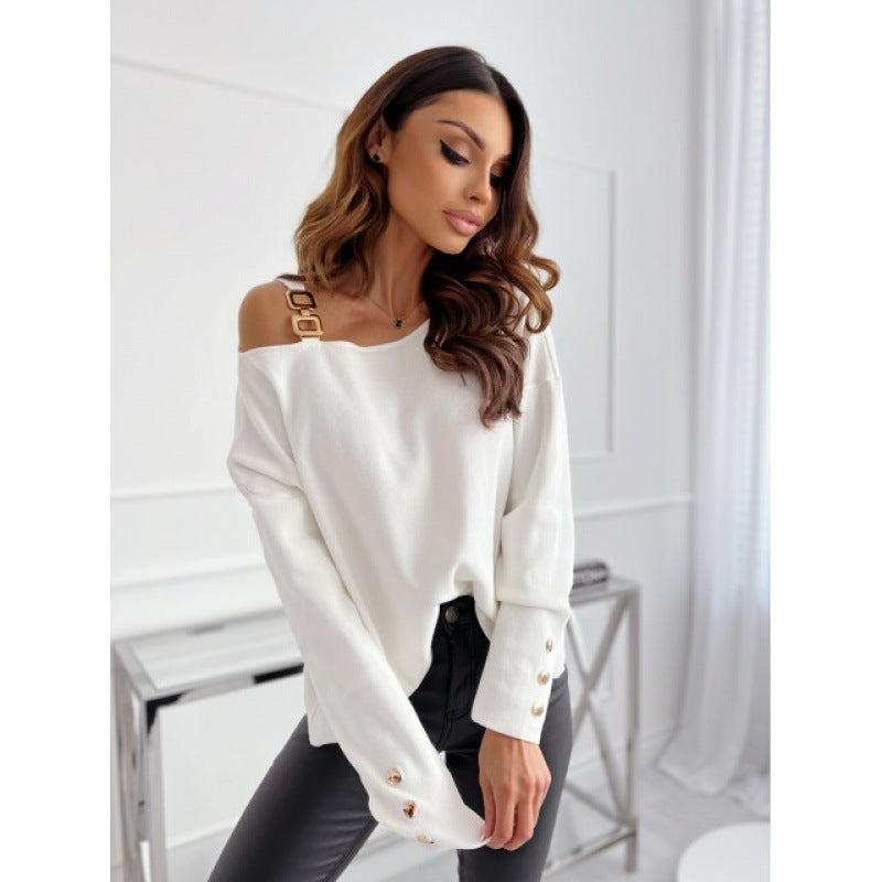 Fashion Chain Button Decoration Long Sleeved Top For Women