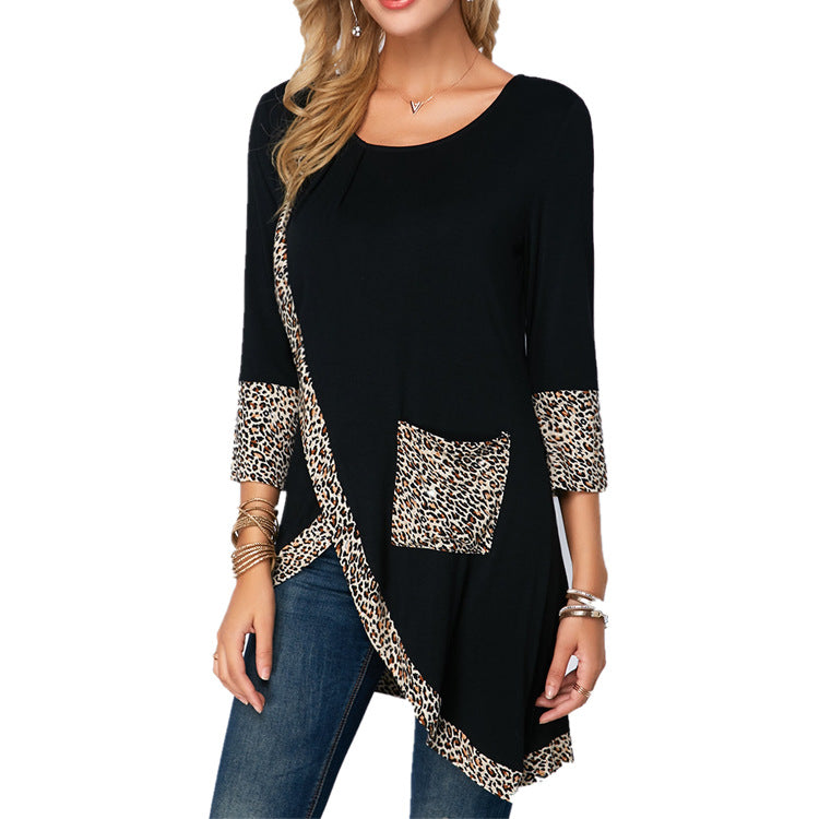 Round Neck Leopard Print Trim Sleeve Lining