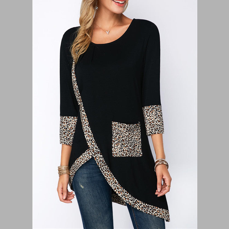 Round Neck Leopard Print Trim Sleeve Lining