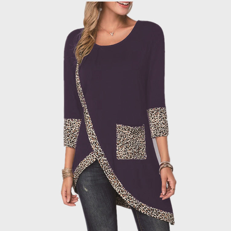 Round Neck Leopard Print Trim Sleeve Lining