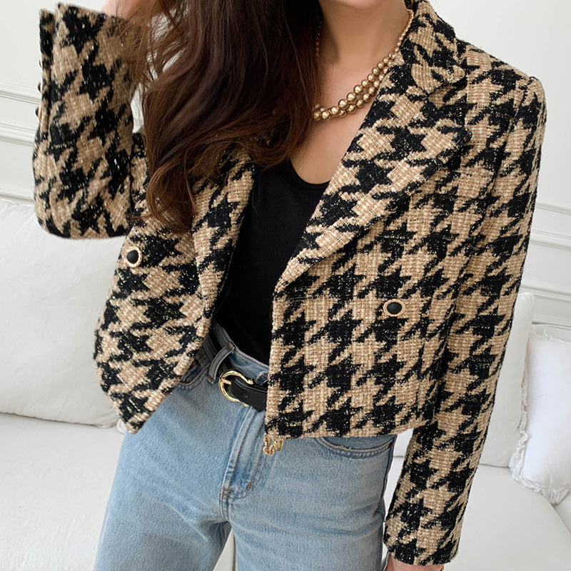 Women's Short Cardigan Thick Houndstooth Jacket