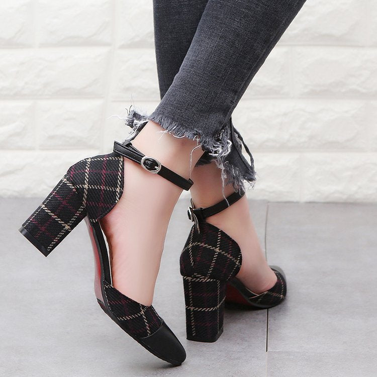 Thick heel high heels fashion color matching buckle shoes