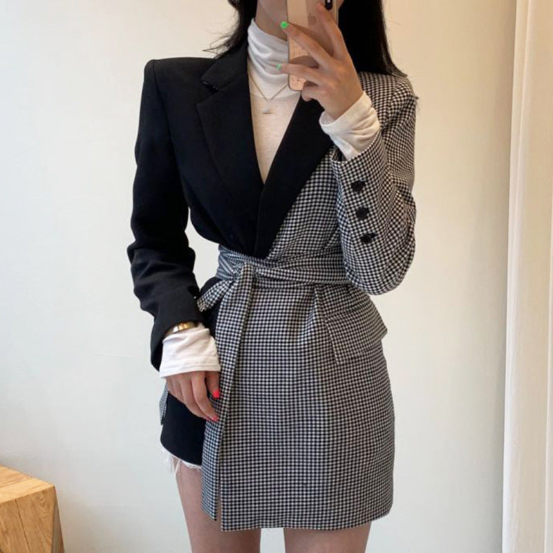 Retro Lapel Lattice Splicing Design Feels Irregular Band Waist Thin Suit Jacket