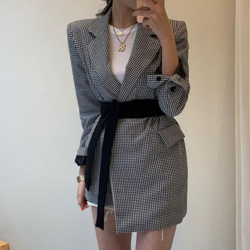 Retro Lapel Lattice Splicing Design Feels Irregular Band Waist Thin Suit Jacket