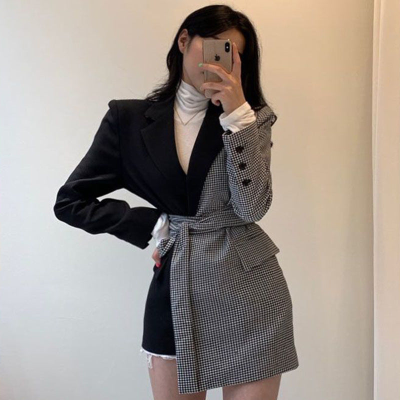 Retro Lapel Lattice Splicing Design Feels Irregular Band Waist Thin Suit Jacket