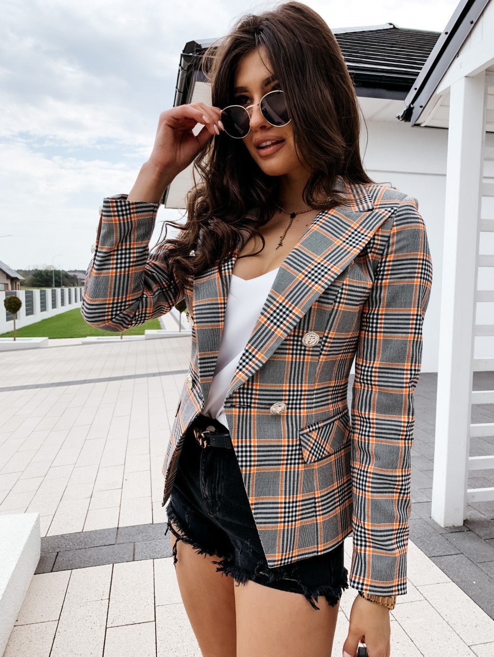 Plaid Jacket With Metal Buckle Double-breasted Small Suit