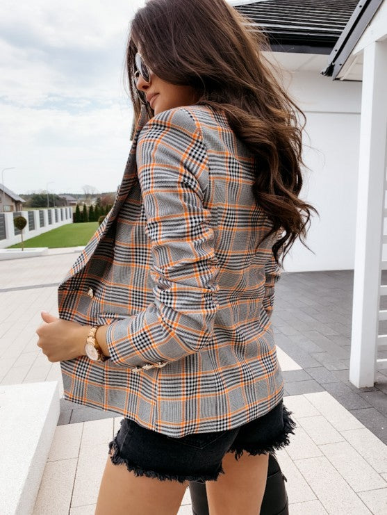 Plaid Jacket With Metal Buckle Double-breasted Small Suit