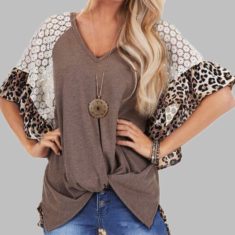 Leopard Patchwork T-shirt Women Loose V-neck Tops Tee Batwing Sleeve Top Women Summer Short Sleeve