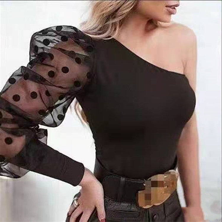 Summer Women Mesh T-shirt Spring Pullover Top Tees One Shoulder Black Polka Dot Top Tees T-shirts Women