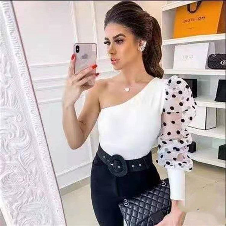 Summer Women Mesh T-shirt Spring Pullover Top Tees One Shoulder Black Polka Dot Top Tees T-shirts Women