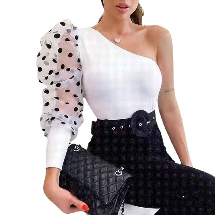 Summer Women Mesh T-shirt Spring Pullover Top Tees One Shoulder Black Polka Dot Top Tees T-shirts Women