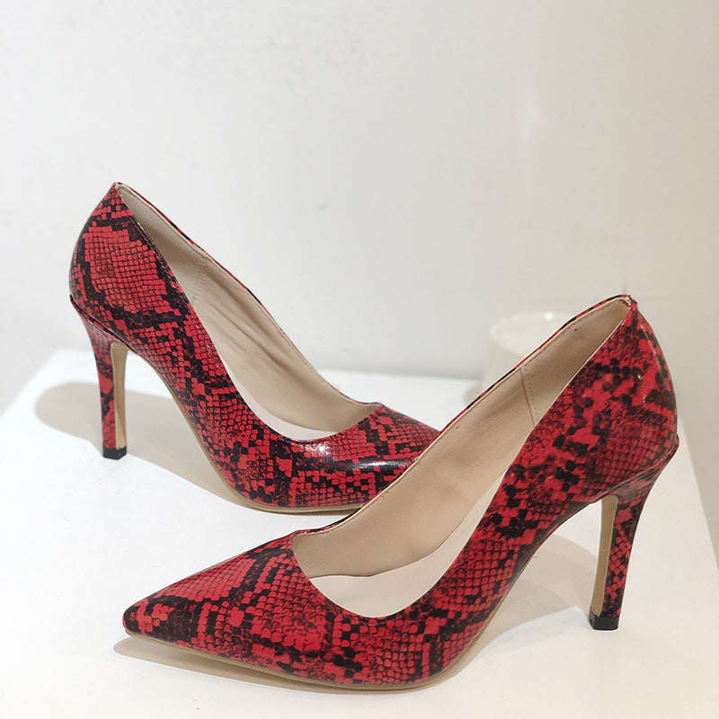 Snake-pattern Pointed Toe Stiletto Heels With Shallow Mouth Shoes