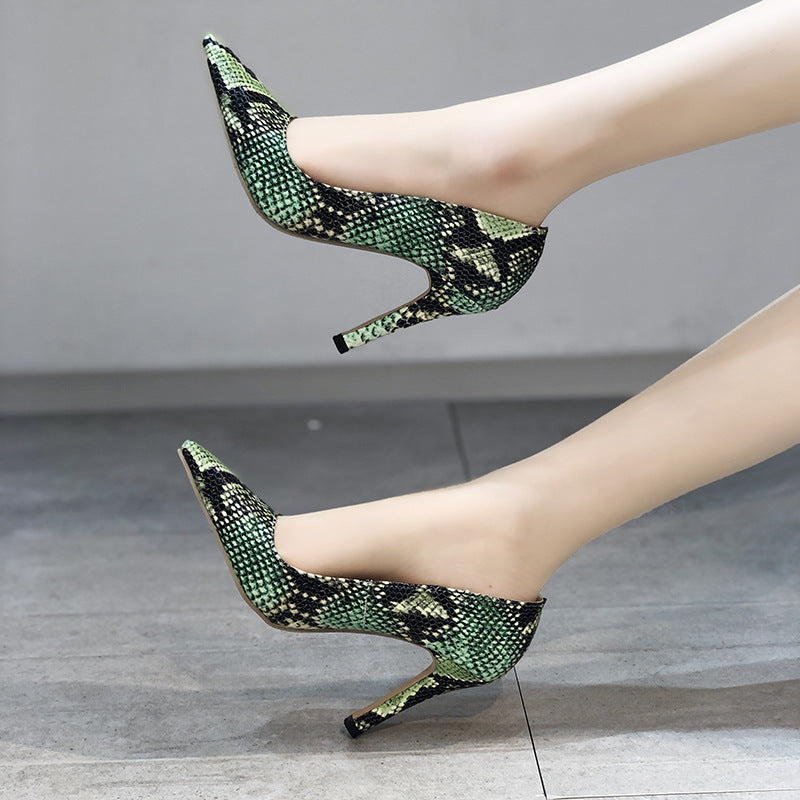 Snake-pattern Pointed Toe Stiletto Heels With Shallow Mouth Shoes