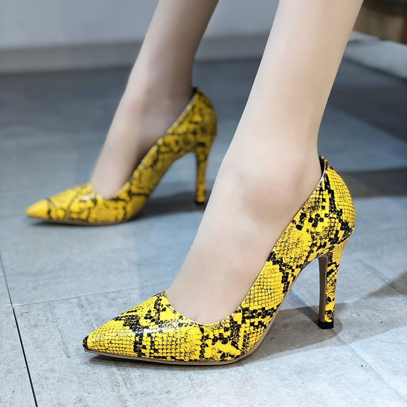 Snake-pattern Pointed Toe Stiletto Heels With Shallow Mouth Shoes