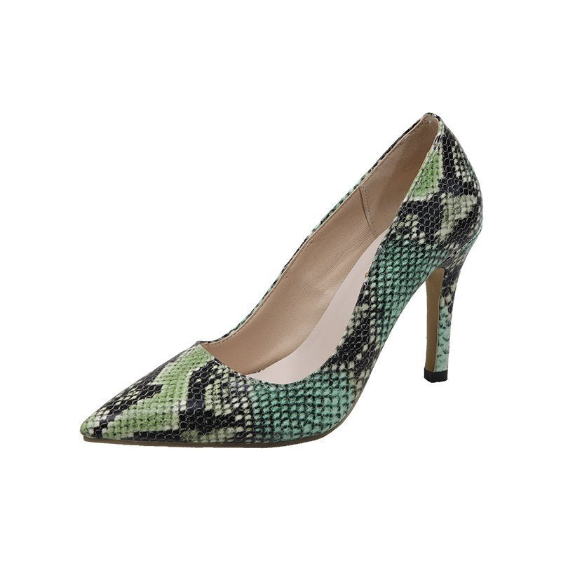 Snake-pattern Pointed Toe Stiletto Heels With Shallow Mouth Shoes