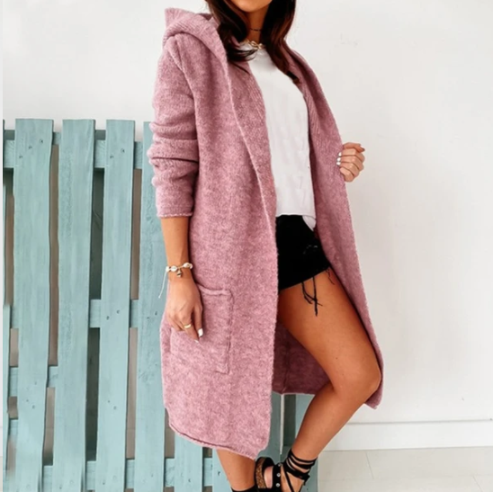 Pocket hooded knitted cardigan jacket