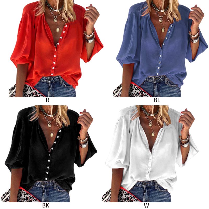 Solid color long sleeve V-neck button women top