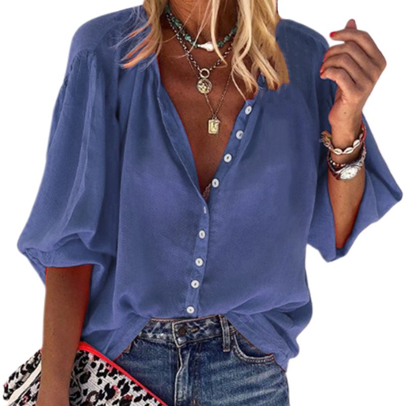 Solid color long sleeve V-neck button women top