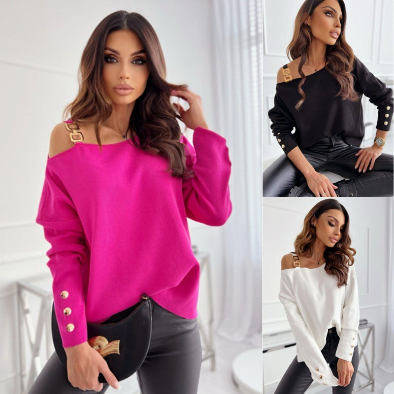 Fashion Chain Button Decoration Long Sleeved Top For Women