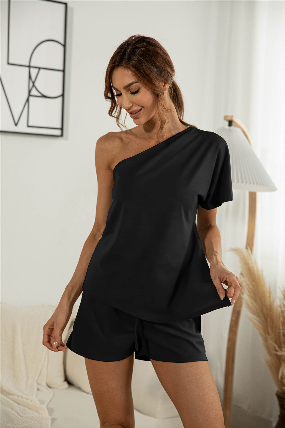 Off-the-shoulder Short Sleeve Sloping-shoulder Off The-shoulder Casual Two-piece Suit