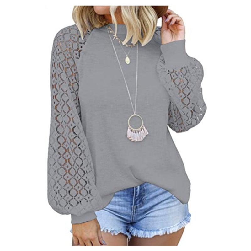 Round Neck Long Sleeve Lace Stitching Top Women