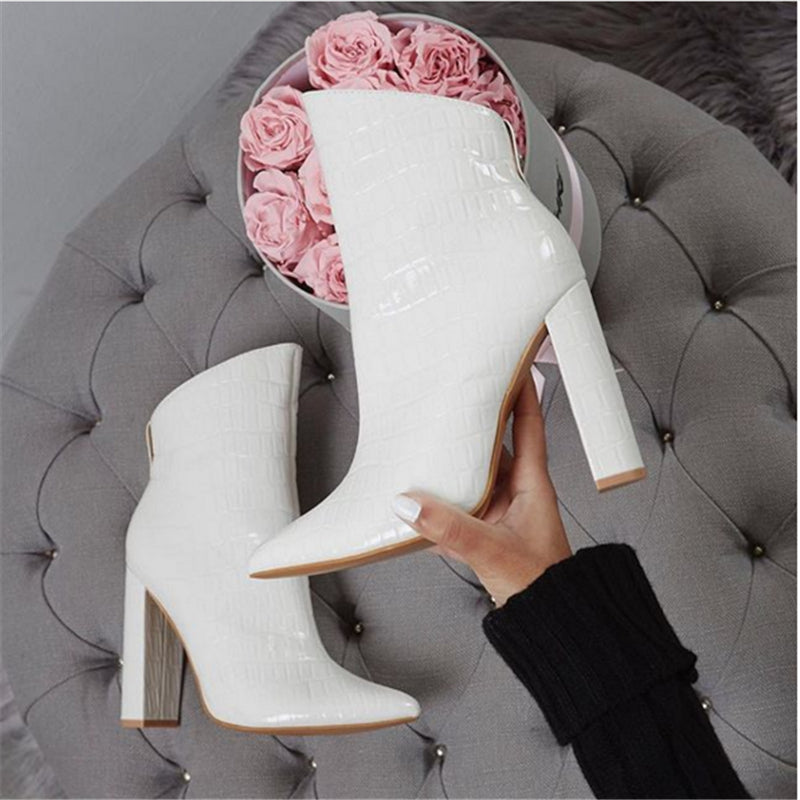 Women Shoes High Heels Leather White Ankle Boots