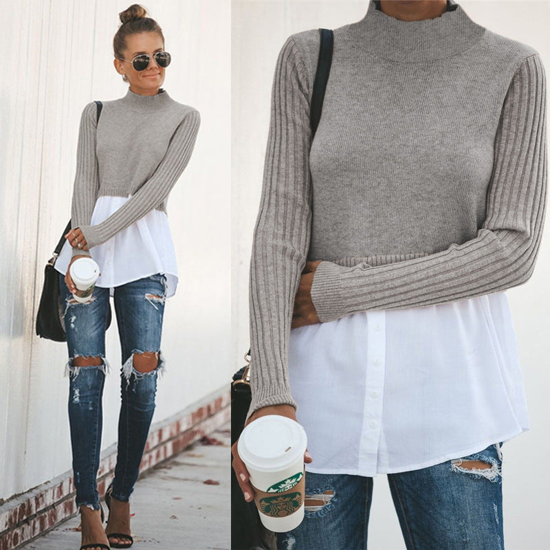 Stitching long sleeve button top for women