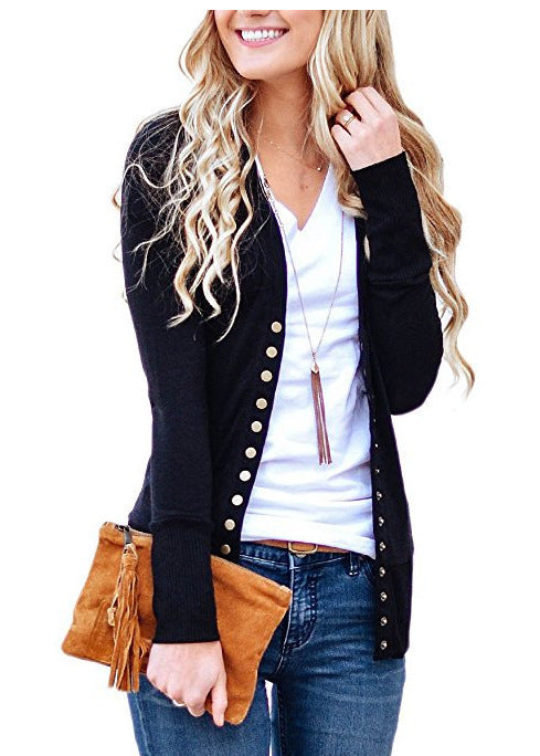 Women's Long Solid V-Neck Long Sleeve Button Cardigan Jacket