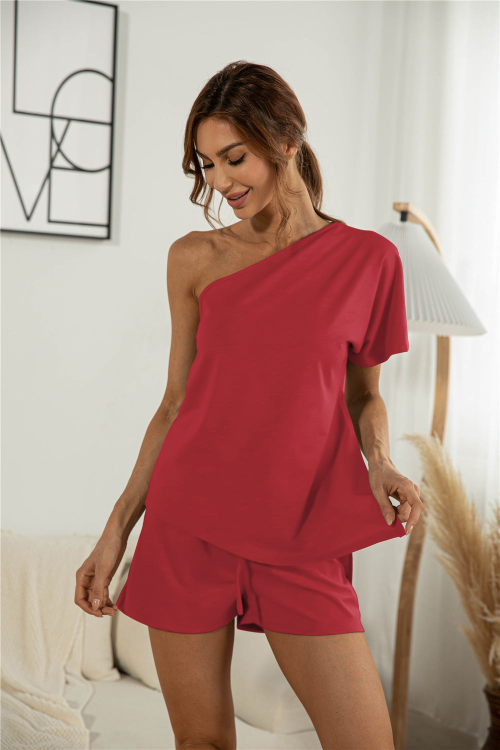 Off-the-shoulder Short Sleeve Sloping-shoulder Off The-shoulder Casual Two-piece Suit