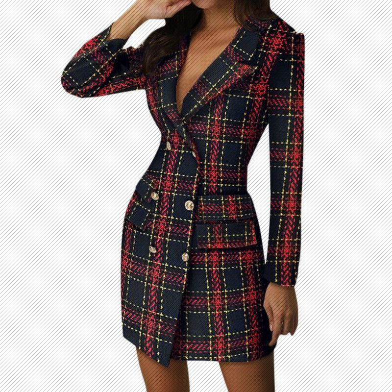 Fall Tailored Coat Women Office Ladies Plaid Red Slim