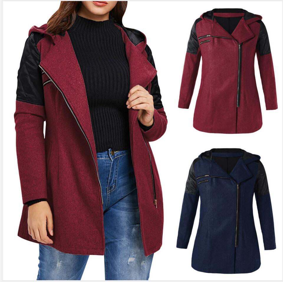 Hooded loose diagonal zipper woolen coat