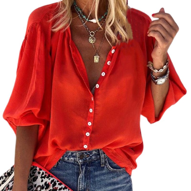 Solid color long sleeve V-neck button women top