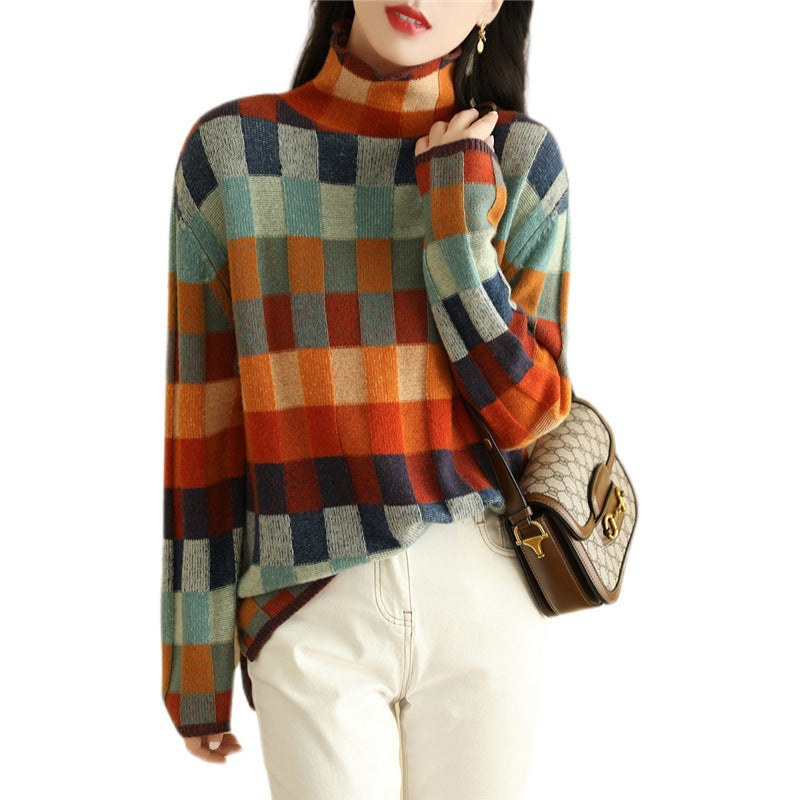 Women's Fashionable Personality Colorful Checkerboard Sweater