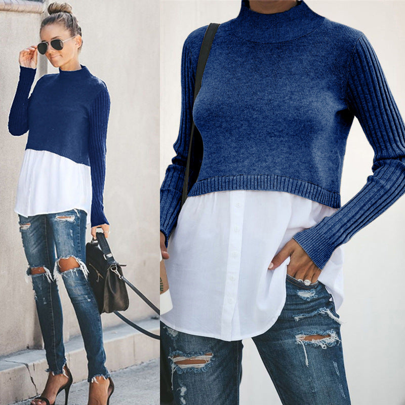 Stitching long sleeve button top for women