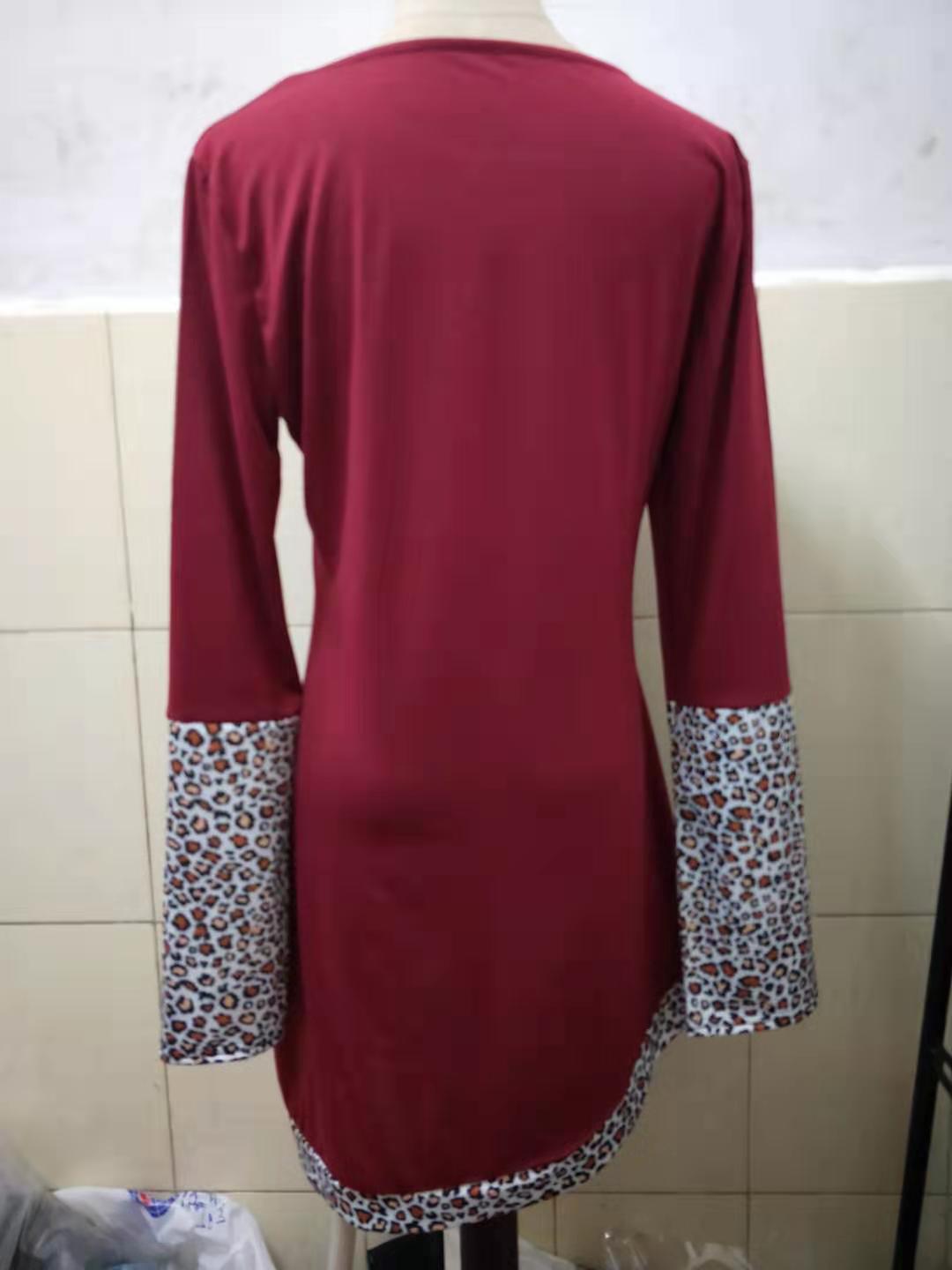 Round Neck Leopard Print Trim Sleeve Lining