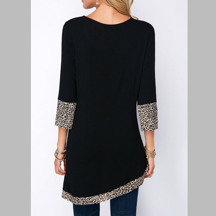 Round Neck Leopard Print Trim Sleeve Lining