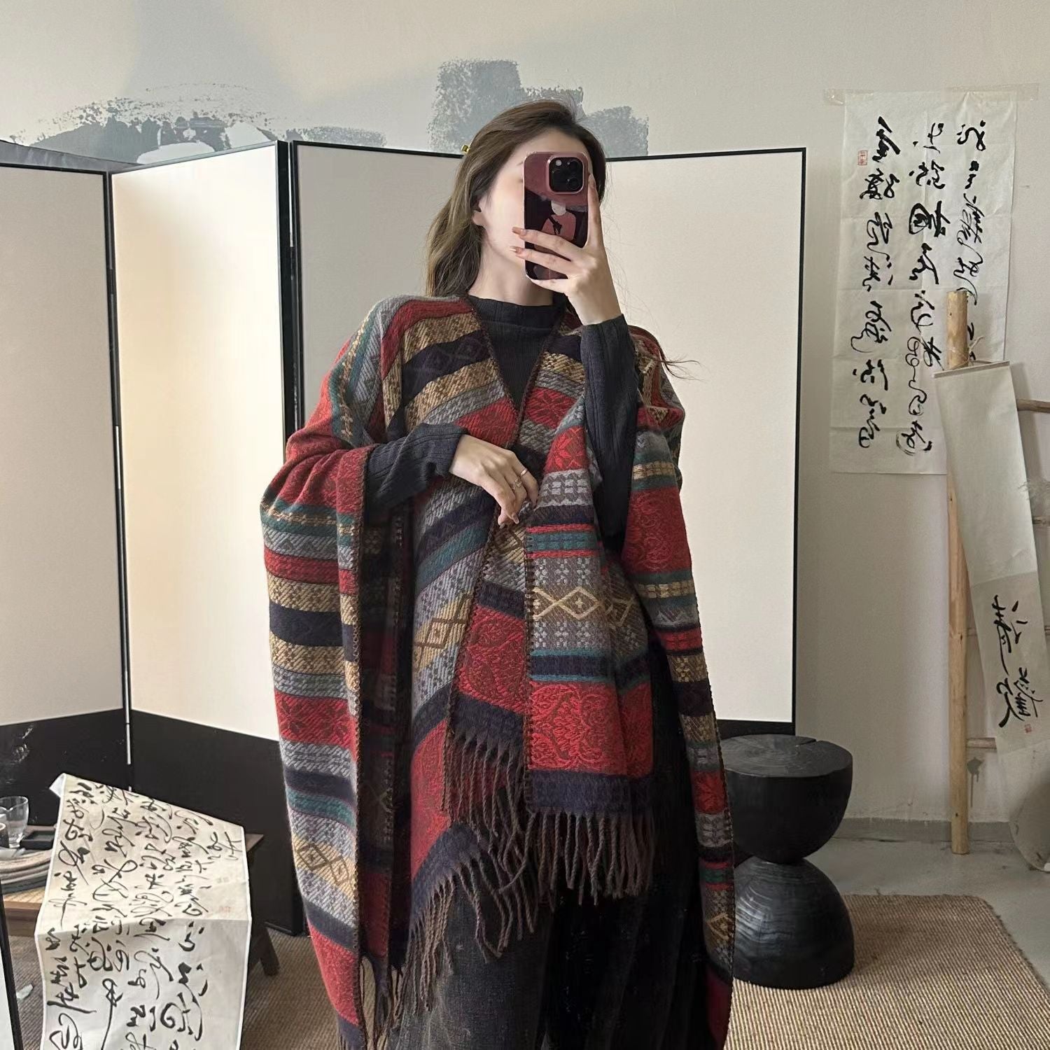 Women's Printed Ethnic Style Shawl Outer Match Cloak