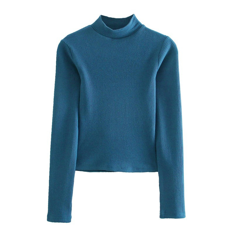 High Neck Back Long Sleeve Slim Knit Sweater Top Women