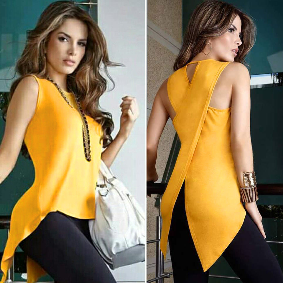 Fashionable Back Slit Irregular Top T-shirt Women