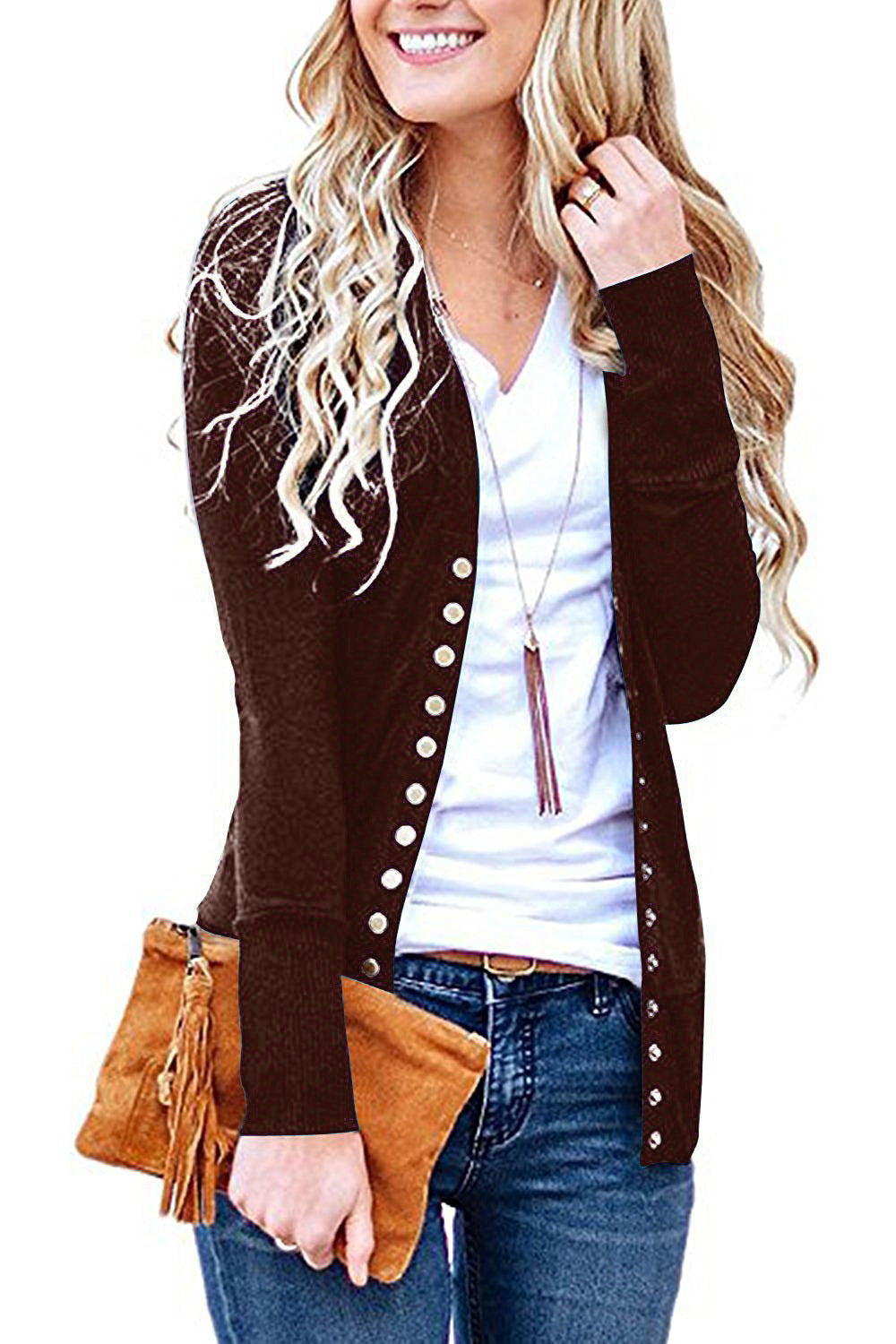 Women's Long Solid V-Neck Long Sleeve Button Cardigan Jacket