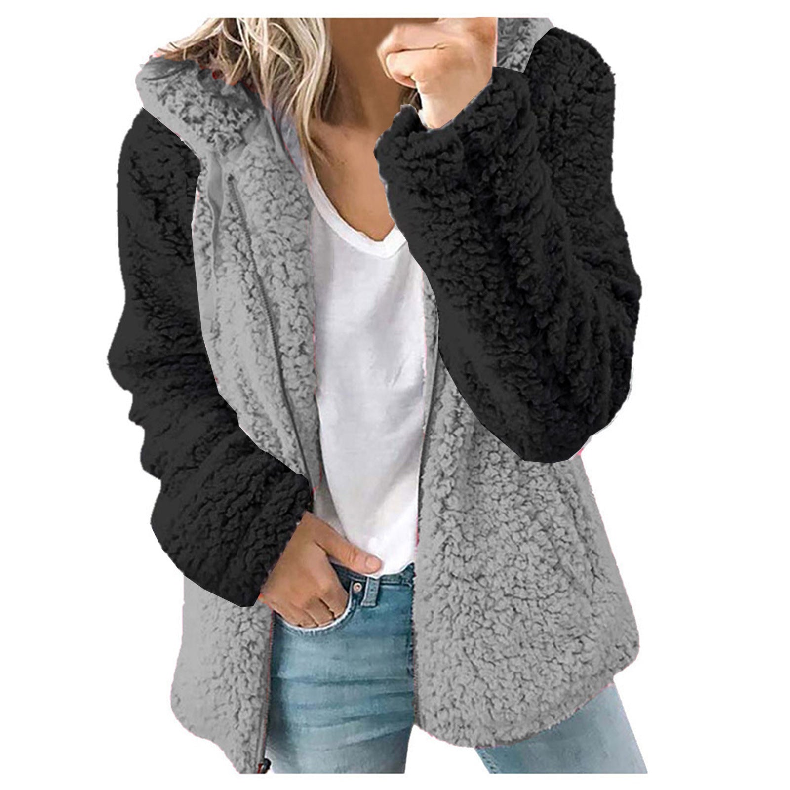 Multi Panel Hooded Plush Autumn Winter Coat