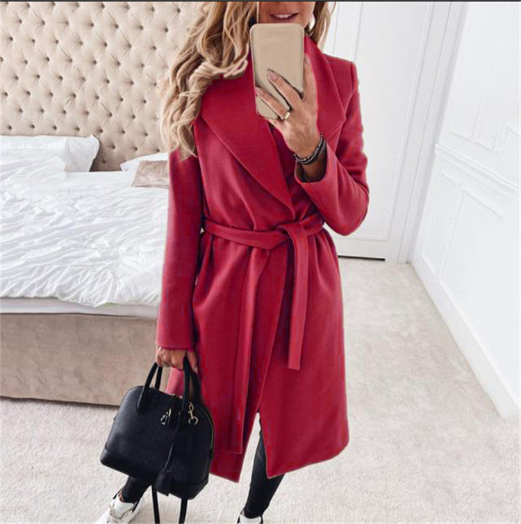 Women's Solid Mid Length Lapel Tie Jacket