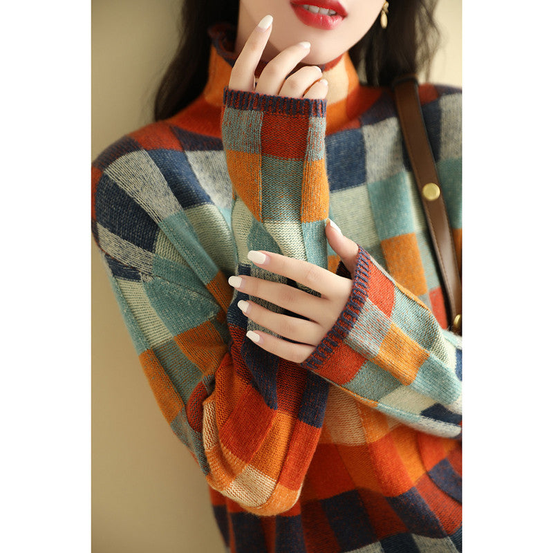 Women's Fashionable Personality Colorful Checkerboard Sweater